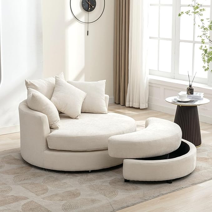 Yoglad Oversized Round Swivel Accent Chair - Modern 360 Degree Barrel Chairs with Storage Ottoman, for Living Room, Bedroom(Chenille- Cream)