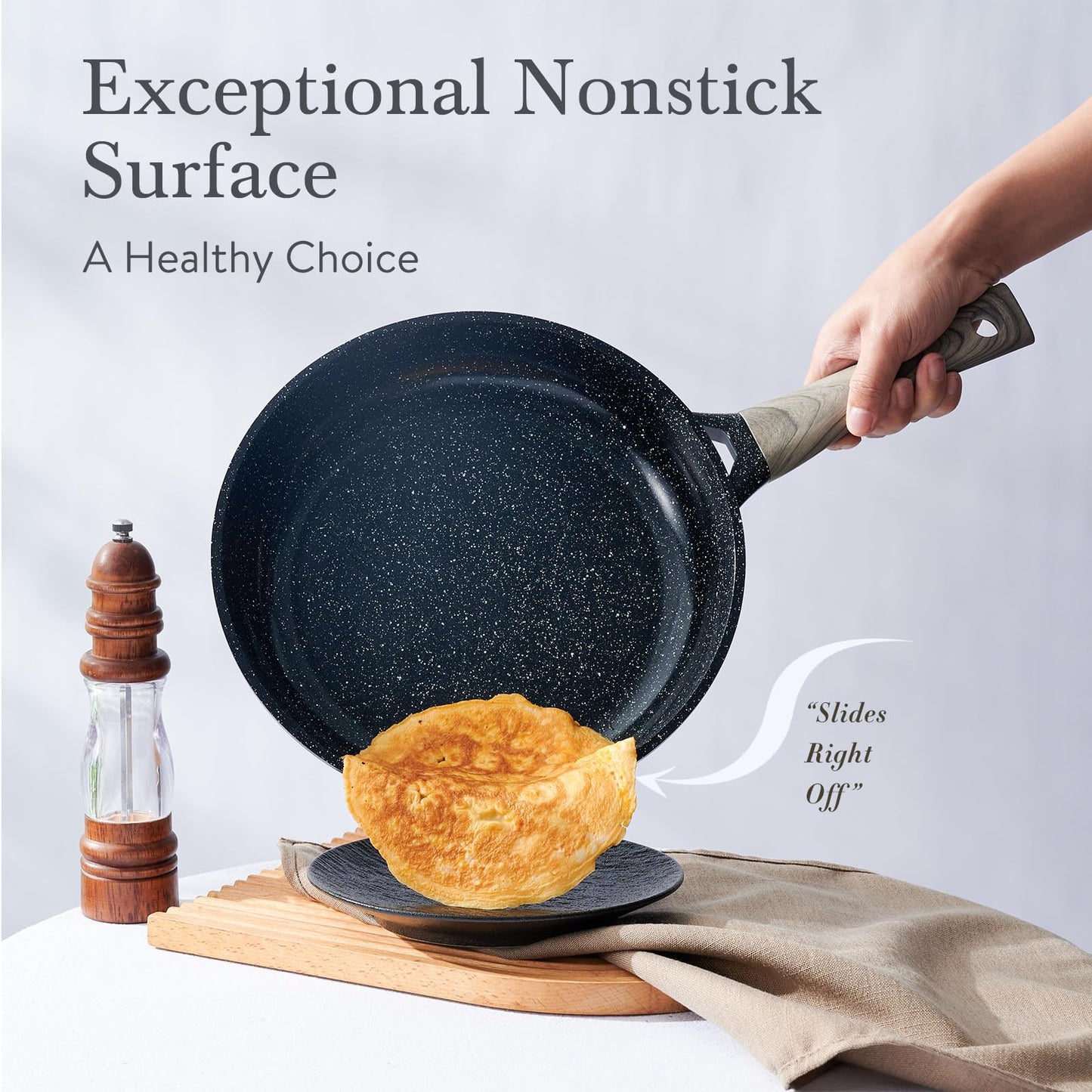 USELUCK Ceramic Cookware Set 22 Piece Nonstick Pots and Pans Set Non Stick Kitchen Cooking Sets 8"Frying Pans with Lid,Black Granite Non-Toxic Induction Kitchen Cookware w/Glass Lids PFOS/PFOA-Free