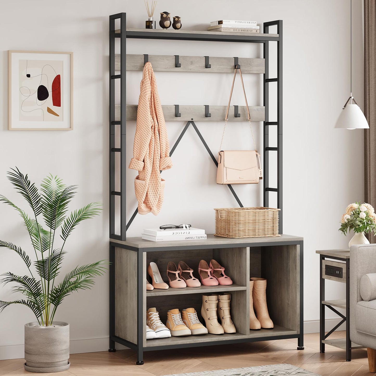 IDEALHOUSE Hall Tree with Bench Coat Rack Shoe Bench Industrial Coat Tree with Storage Cubbies Entryway Coat Rack with Shoe Storage