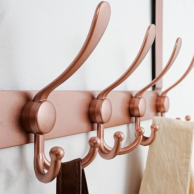 Dseap Over The Door Hook Hanger - 5 Tri Hooks, Heavy Duty Over The Door Towel Rack Coat Rack for Clothes Hat Towel, Rose Gold, Pack of 2