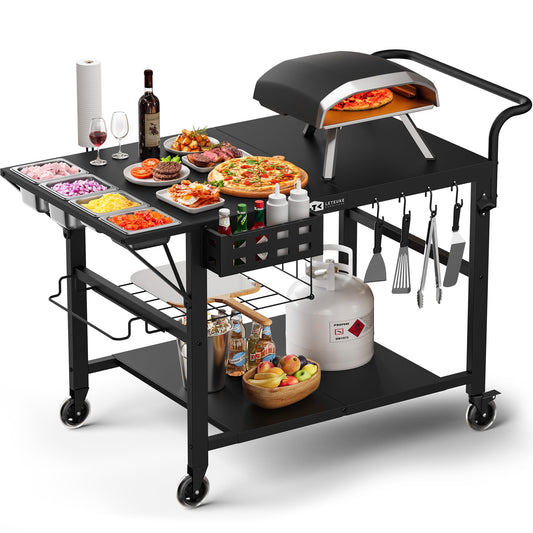 Leteuke Pizza Oven Table, Grill Cart Table for Blackstone Griddle, Outdoor Pizza Oven Stand Fits Ninja, Cuisinart, Gozney, Solo Stove, BBQ Prep Tables Station with Seasoning Tray, 47"x27.5"x30"