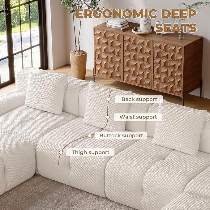 135" Modern L Shaped Modular Sectional Sofa, 6 Seater Convertible Chenille Cloud Couch Sofa Set, Boneless Couches for Living Room with Ottoman, No Assembly Required, White