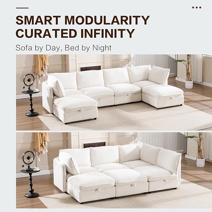 125" Oversized Modular 6 Seater Sofa with Removable Covers and Storage, Convertible U, L-Shaped and Sleeper Sectional, Modern Corduroy Couches with Ottoman Chaise for Living Room, Apartment, Blue