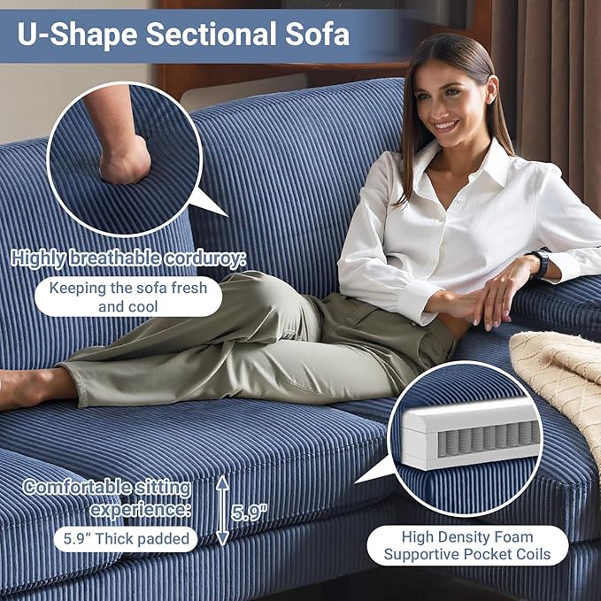 VINGLI 110" Sectional Couches for Living Room,U Shaped Couch with Double Chaise, 4-Seat Sofa Set with Corduroy Fabric for Home Furniture,Ocean Blue