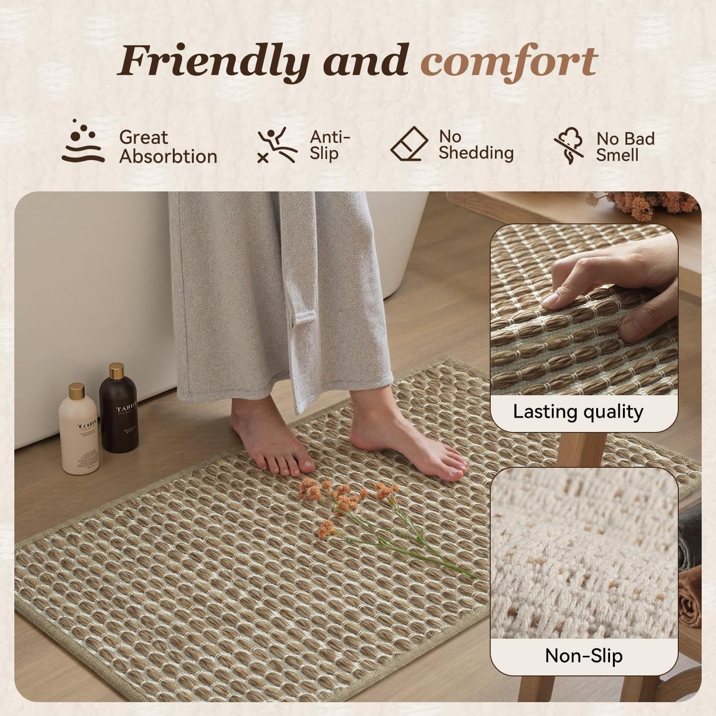AMOAMI Unique Woven Bath Mat, Super Absorbent Non Slip Bath Mats for Bathroom Floor Textured Bathroom Mat Quick Dry Washable Bath Rug Boho Thin Rugs for Bathroom Beside Tub, 18" x 30", Brown