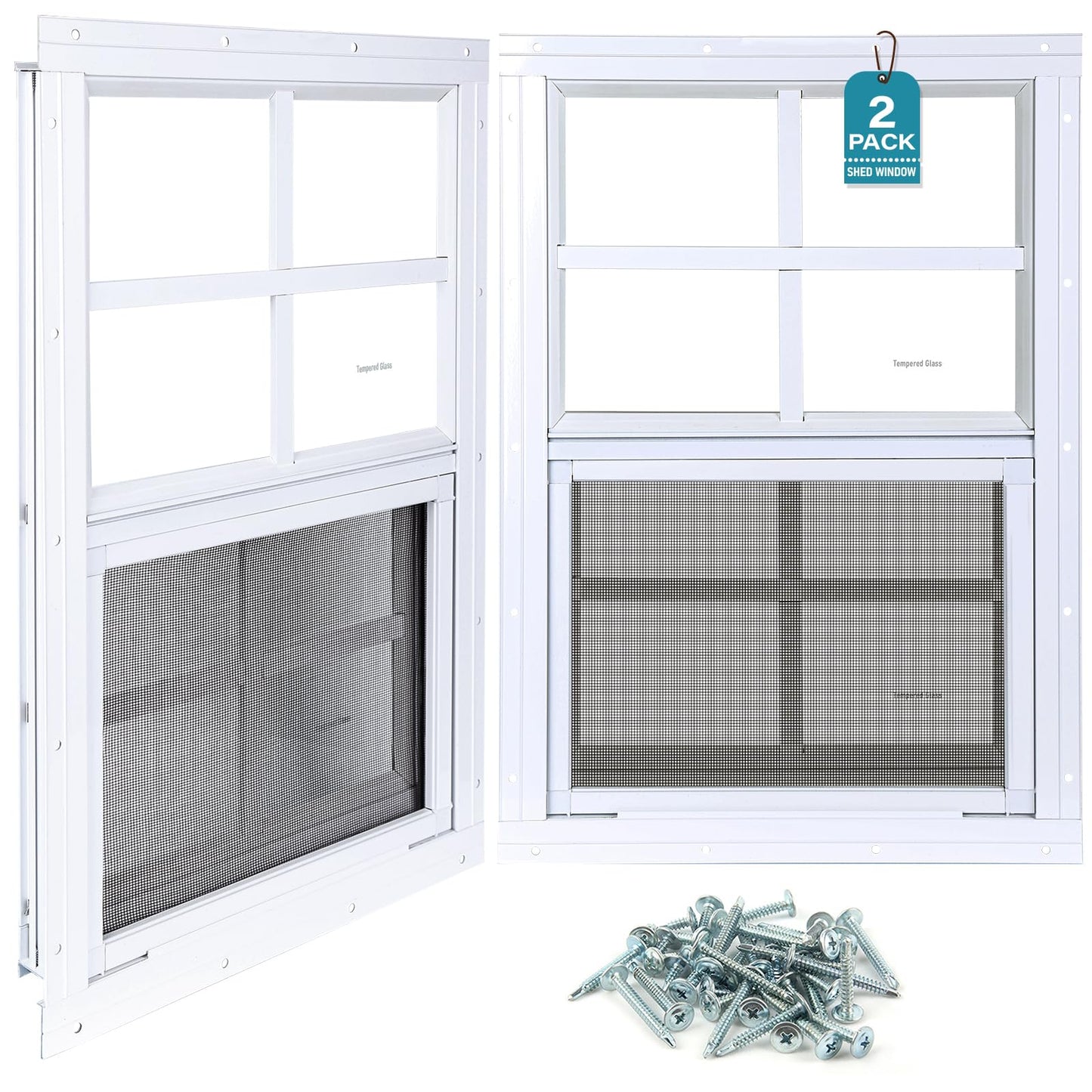 Melkus 2 Pack Shed Windows, 12"x18" Flush Mount Chicken Coop Windows with Thicker Tempered Glass and Screen, Sliding Windows for Chicken Coop, Shed, Garage, Playhouse, Barn,Greenhouse, White