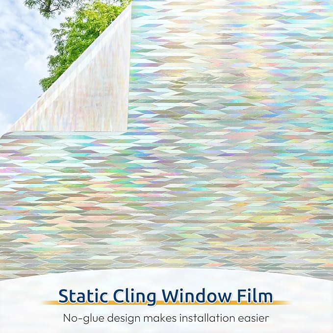 rabbitgoo Window Privacy Film with Installation Tools, Stained Glass Window Film Rainbow Prism Decorative Glass Clings for Home Decor, Static Cling Covering Sun Blocking, 17.5" x 157.4"