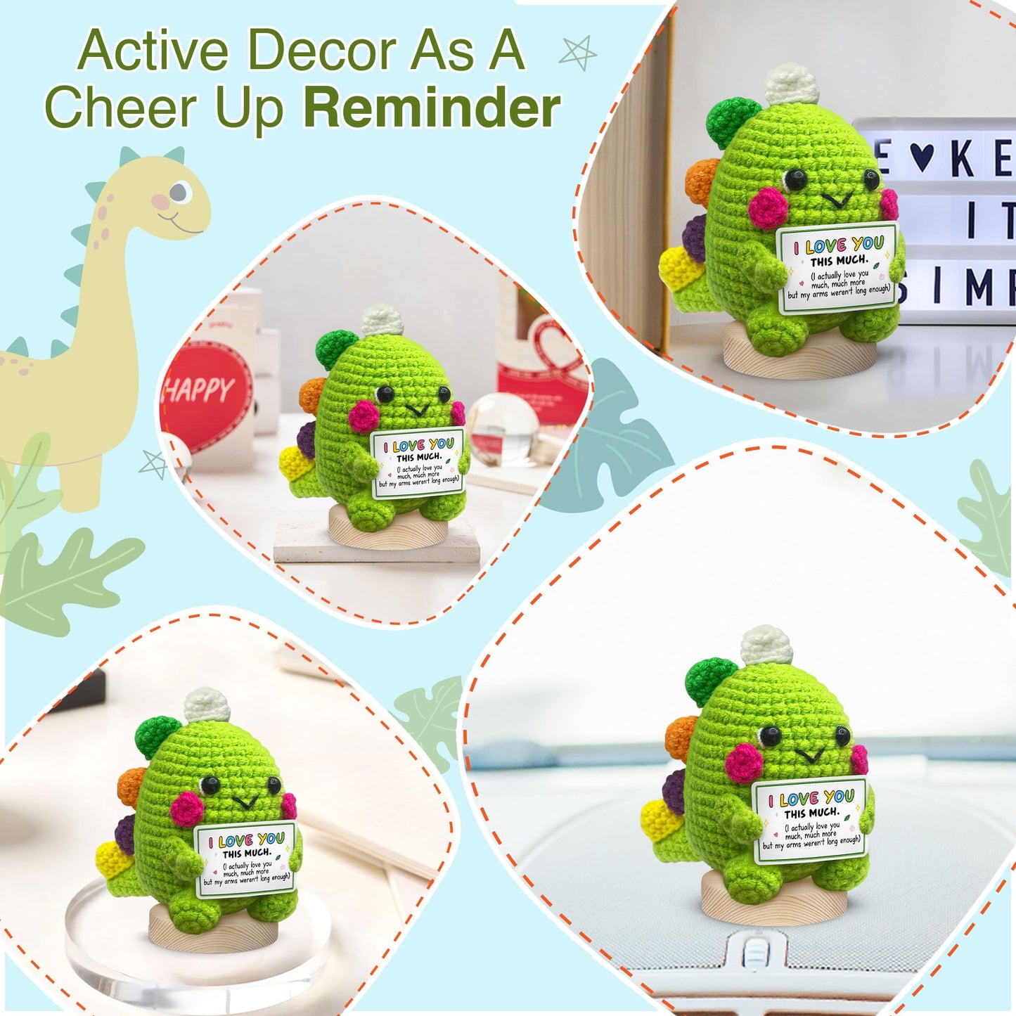 Gossby Handmade Positive Dinosaur Crochet - I Love You This Much - Gift for Husband, Boyfriend - Romantic Anniversary, Valentines, Xmas, Birthday Gift for Him from Wife, Girlfriend - Knitted Decor