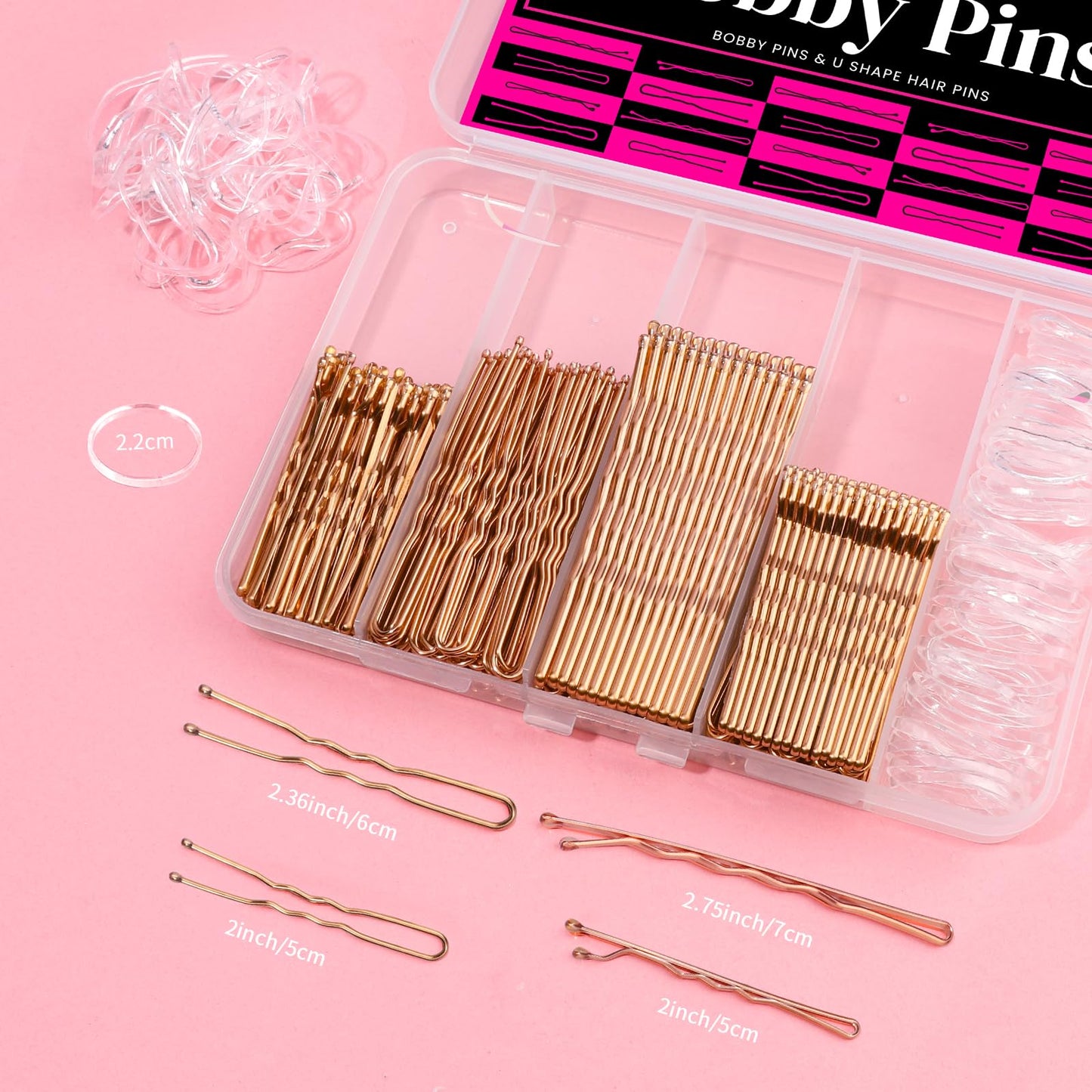 Teenitor 300pcs Bobby Pins Rose Gold Hair, 100 Bobby Pins 100 Hair Pins for Women 100 Hair Bands Kit, Hair Pins for Buns 2  2.36