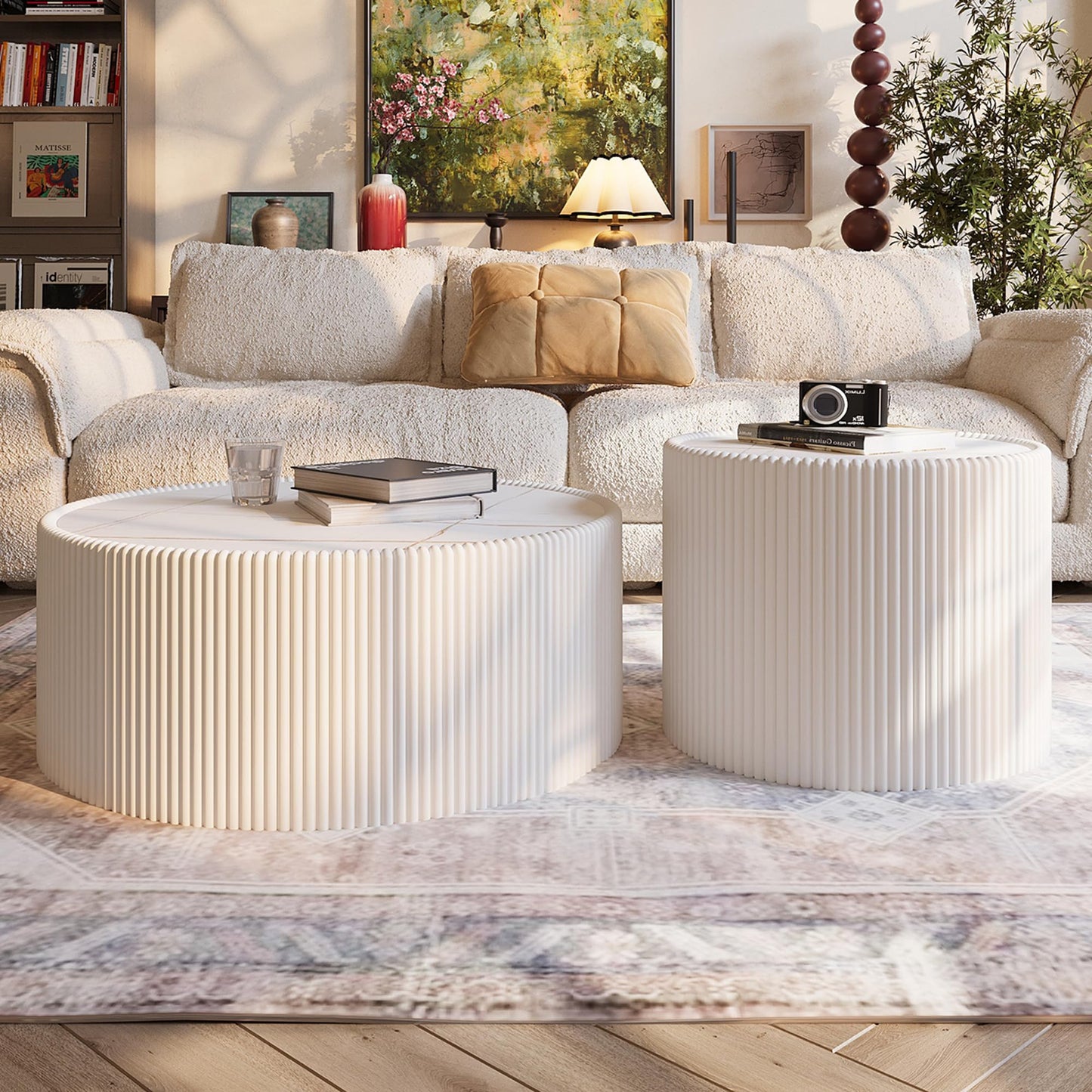GDFStudio Modern Round Coffee Table, Luxury Sintered Stone Top Circle Coffee Table with PU Leather Drum Base, Creative Shape Small Tables for Living Room Side Tables, Fully Assembled, Milk White-Large