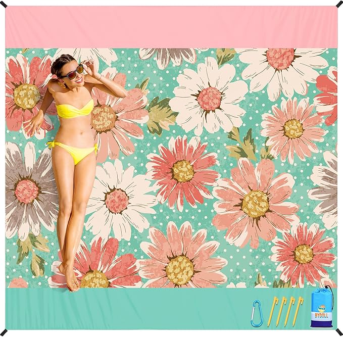 BYDOLL Beach Blanket Waterproof Sandproof 78''×81'' Suits1-4 Adults Compact Lightweight Oversized Sand-Free Blanket Large ...