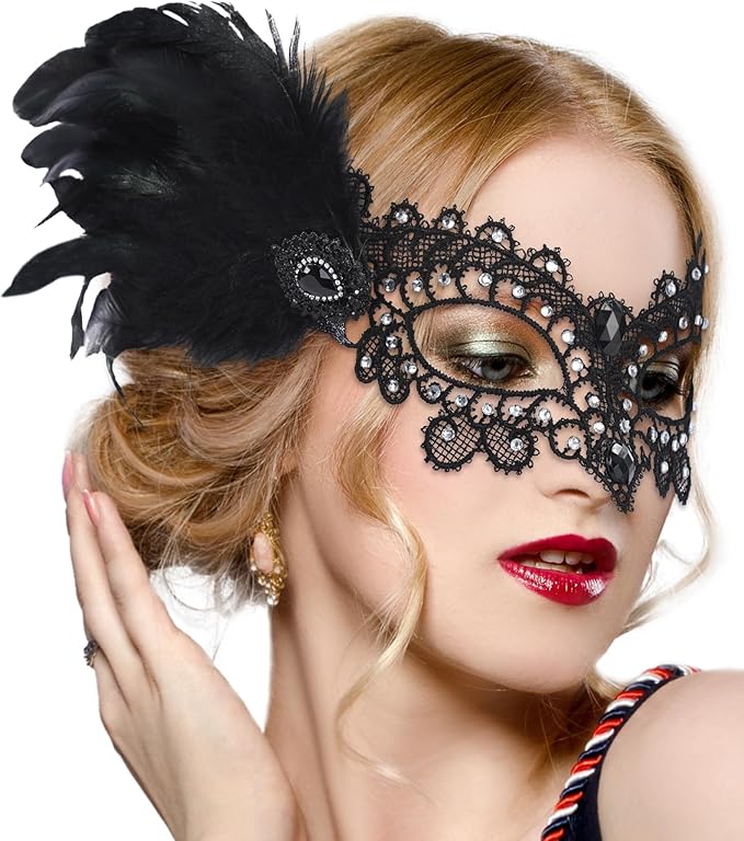 Zinniday Halloween Feather Masquerade Masks - 1920s 50s Antique Lace Venetian Mask for Women Renaissance Cosplay Party