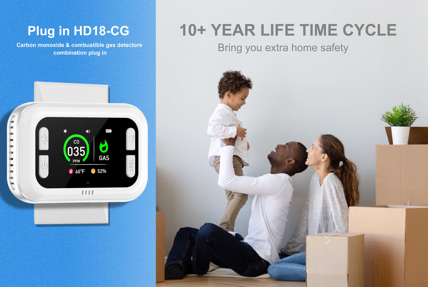HAKINAKU Plug in 4in1 Carbon Monoxide Detector & Combustible Natural Gas Combination Builti-in Backup 1000mAh Battery & HD Screen [CO Gas Temp Humidity Sensors] for Home Kitchen Hotel (2Pack, White)