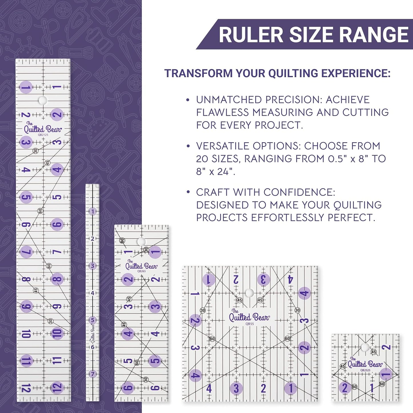The Quilted Bear Quilting Rulers - Transparent Acrylic Non Slip Quilting, Patchwork & Sewing Ruler with Clear Black Lines & 30, 45 & 60 Degree Angles for Perfect Accuracy & Precision (2.5" x 2.5")