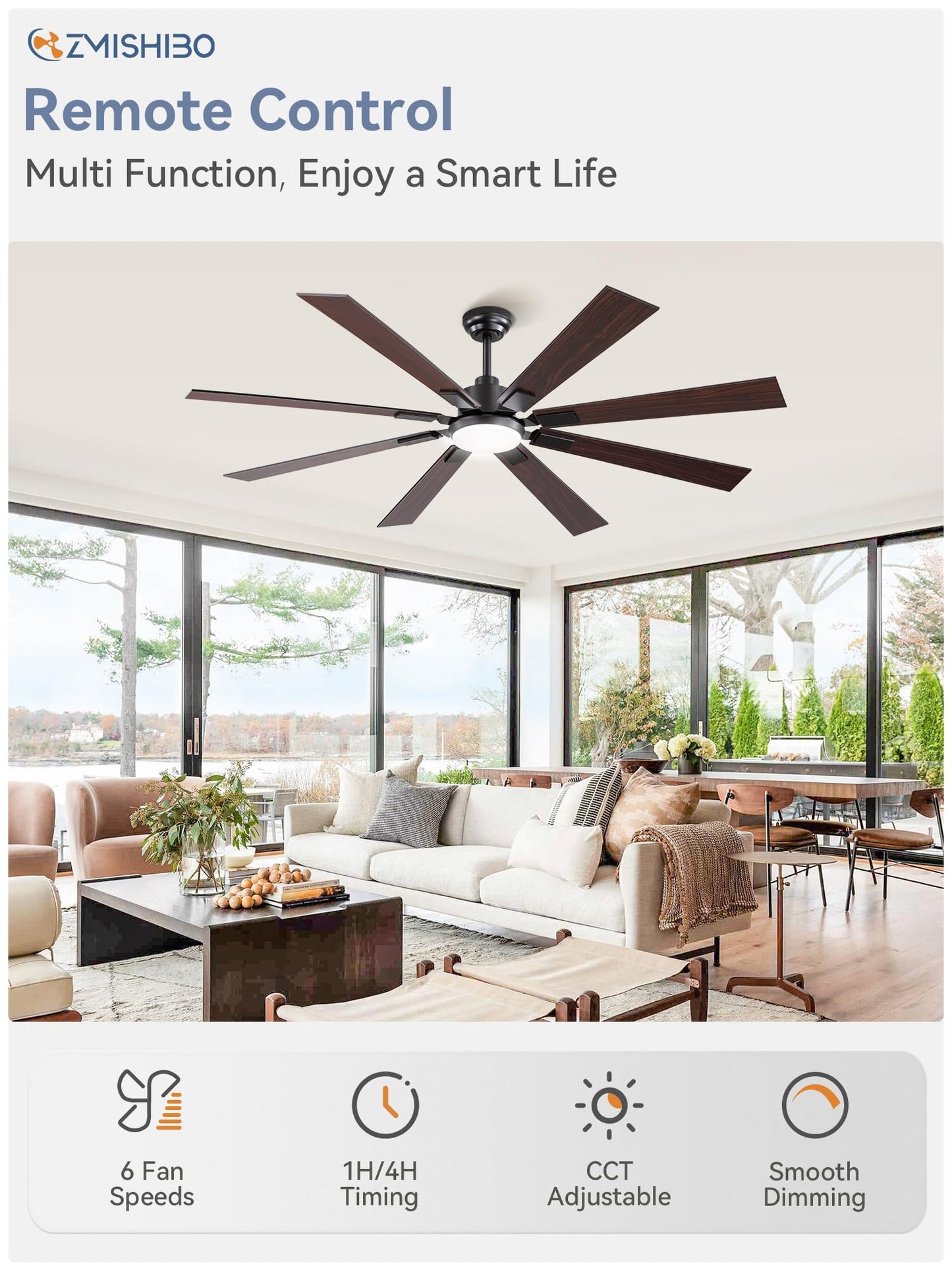 ZMISHIBO 65 Inch Ceiling Fans with Lights and Remote, Black Large Ceiling Fan with 3000-6000K Dimmable, Quiet Reversible DC Motor, 6 Speeds, 8 Blades Indoor/Outdoor Ceiling Fan for Patios Living Room