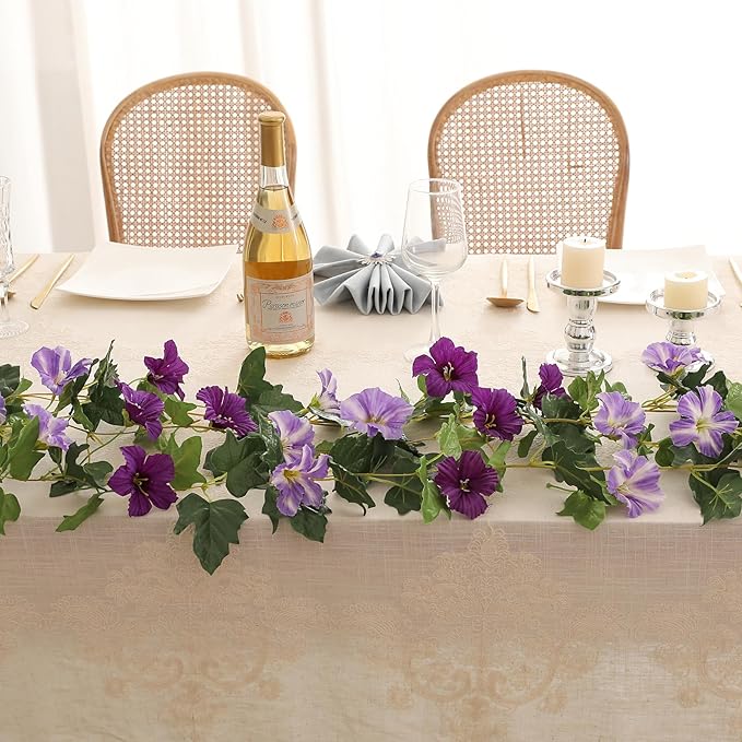 Floweroyal 4 Pack Artificial Flower Garlands 15.8FT Fake Morning Glory Vines Silk Flowers Hanging Garland Ivy for Wedding Arch Party Home Garden Wall Decor (Purple)