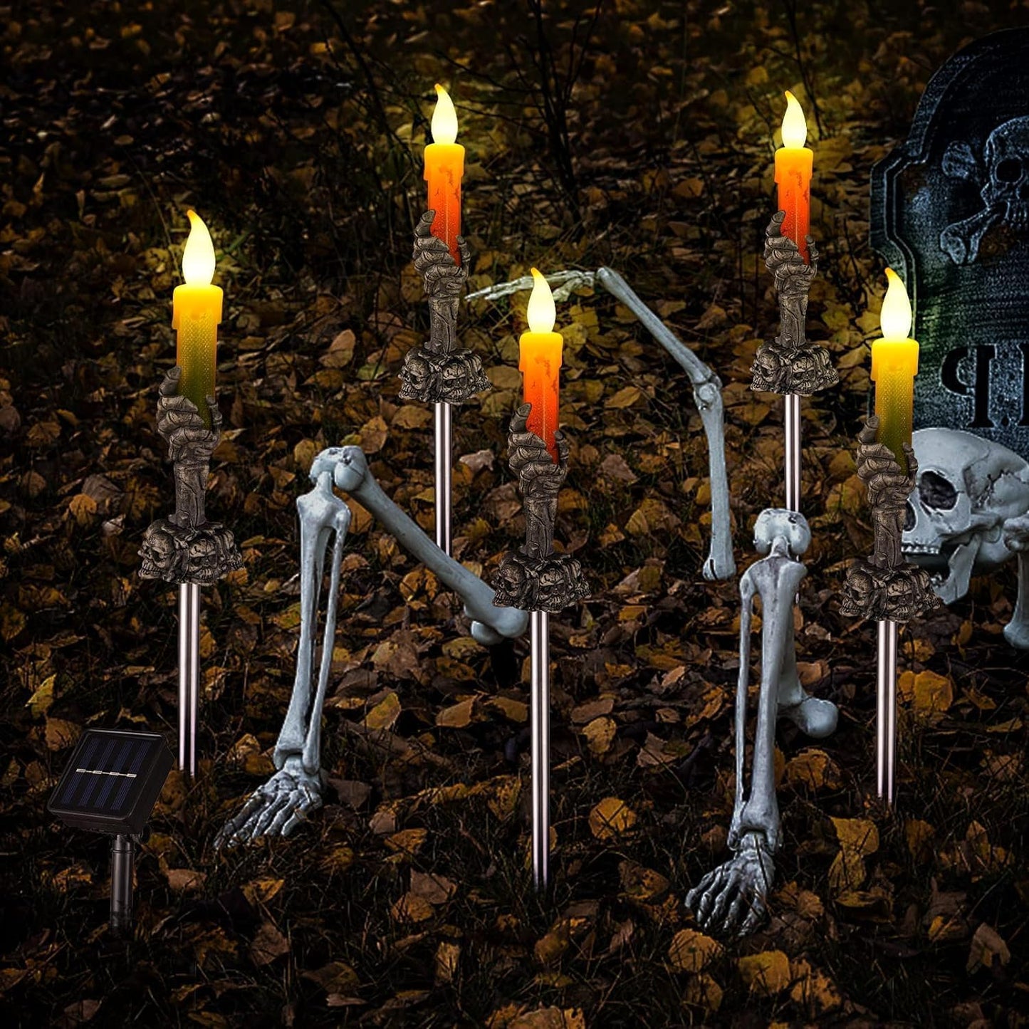 ILLUMINEW Halloween Decorations Outdoor, 5 Pack Solar Pathway Lights, LED Skull Hand Candle Holder, Outdoor Party Home Garden Porch Decor