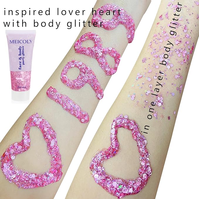 MEICOLY Pink and Clear White Face Body Glitter Set,Pink Face Glitter Gel,Singer Concerts Festival Rave Accessories,Glitter Face Paint for Women Kids,Mermaid Glitter Makeup,Body Glitter for Women