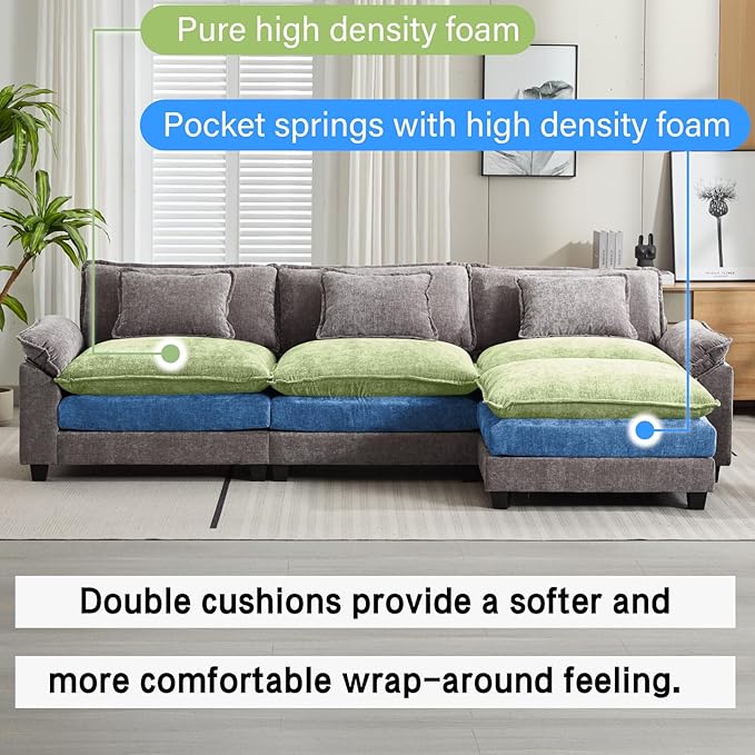 Oprisen 120" Modular Sectional Sofa, Comfy Cloud Couch Sectional Sofa with Ottoman, Chenille Sofa Sleeper Deep Seat Sofa with Throw Pillows for Living Room (Light Gray, 120"- L Shape)