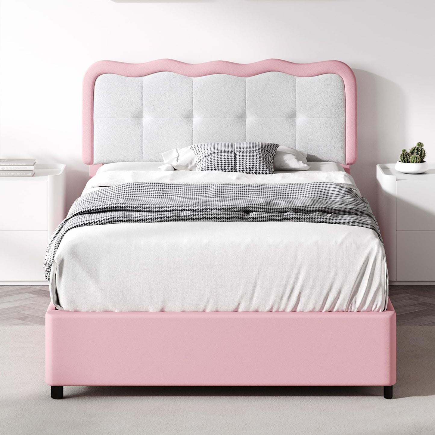 Twin Bed Frame, Upholstered Platform Bed with Cloud Headboard, Anti-Collision Soft Rounded Corners, No Box Spring Required, Easy Assembly, Pink