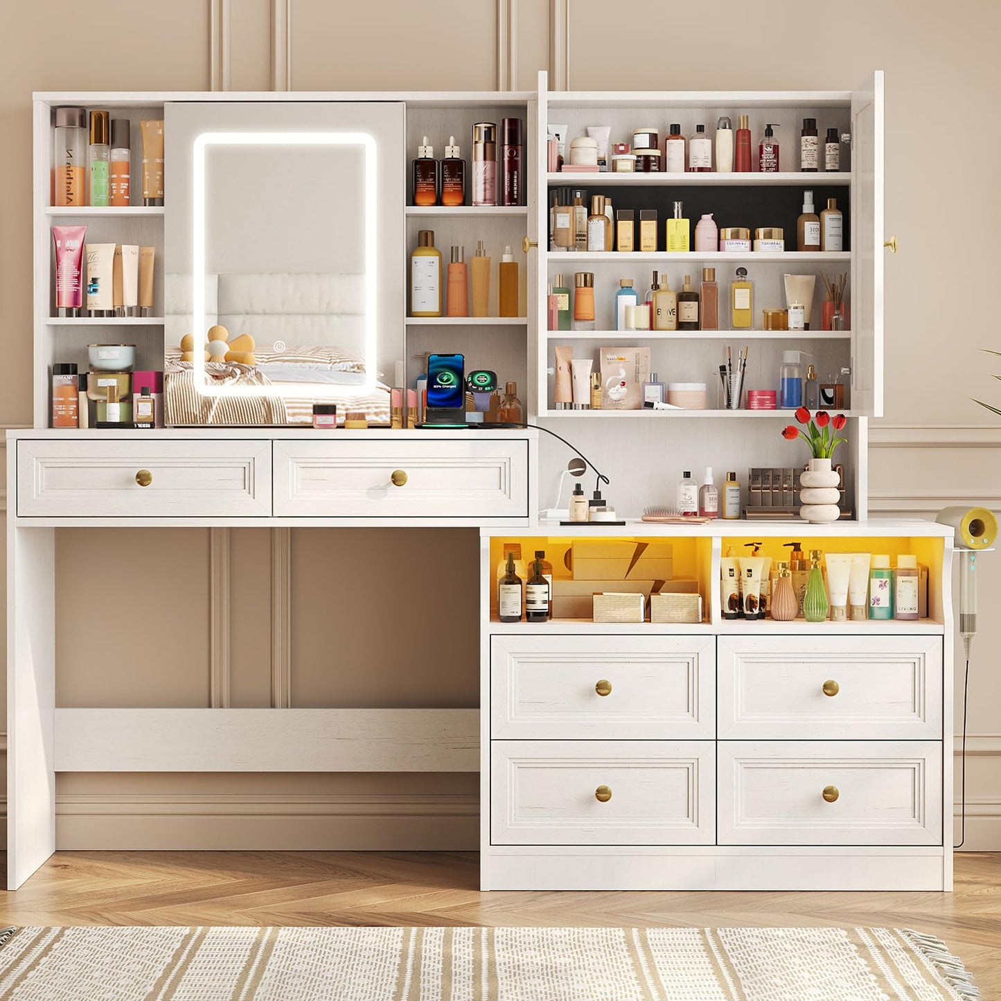 Vabches 58.6" Large Vanity Desk with Sliding Mirror & Lights, White Makeup Vanity Table & Nightstand Combo with Power Outlet and 6 Drawers 15 Shelves with Light Strips for Bedroom Dressing Room