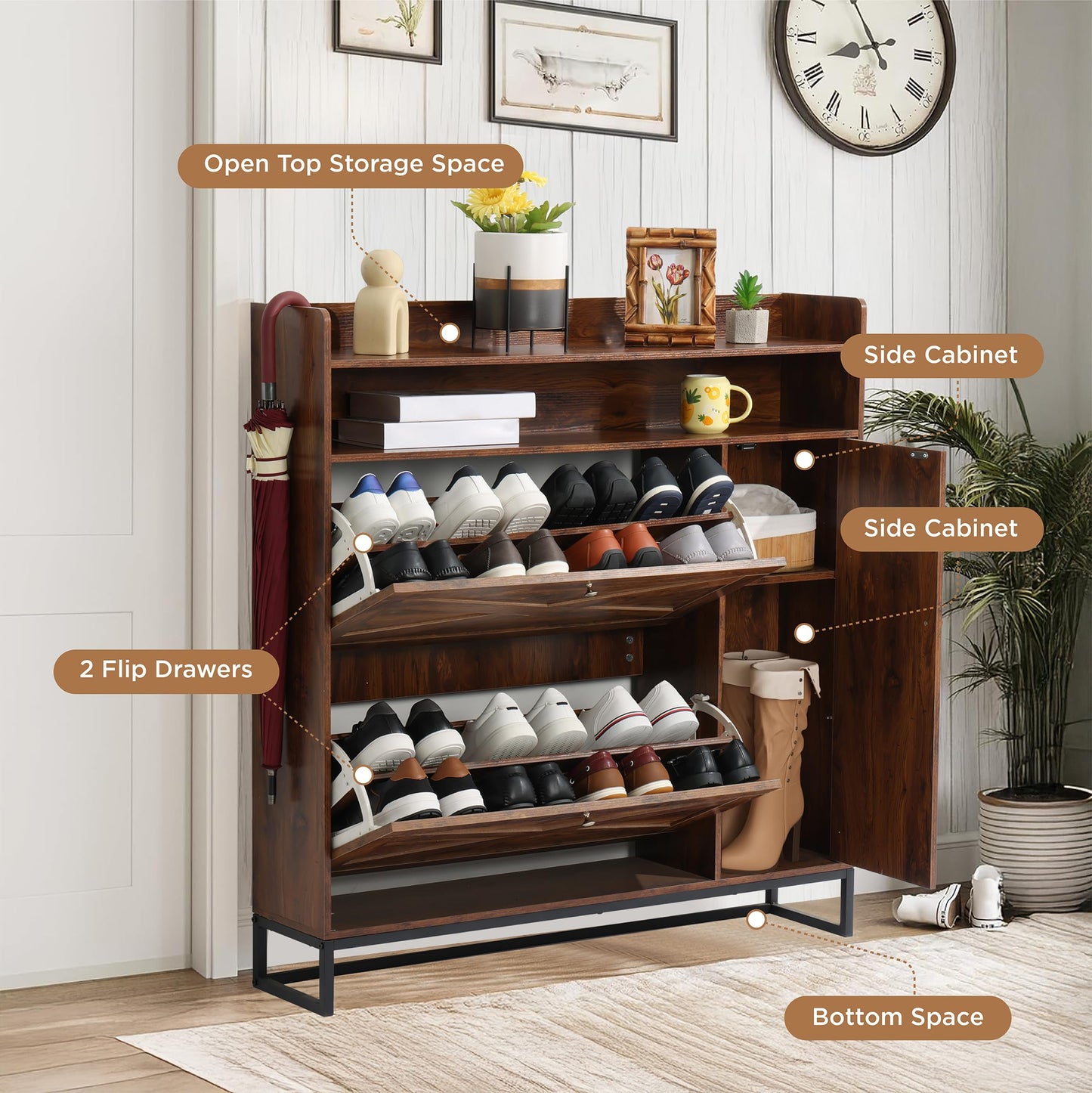 SunSettler Shoe Storage Cabinet with 2 Flip Drawers & Side Cabinet, Freestanding Shoe Organizer with Metal Legs for Entryway, Narrow Shoe Rack Cabinet, Rustic Brown