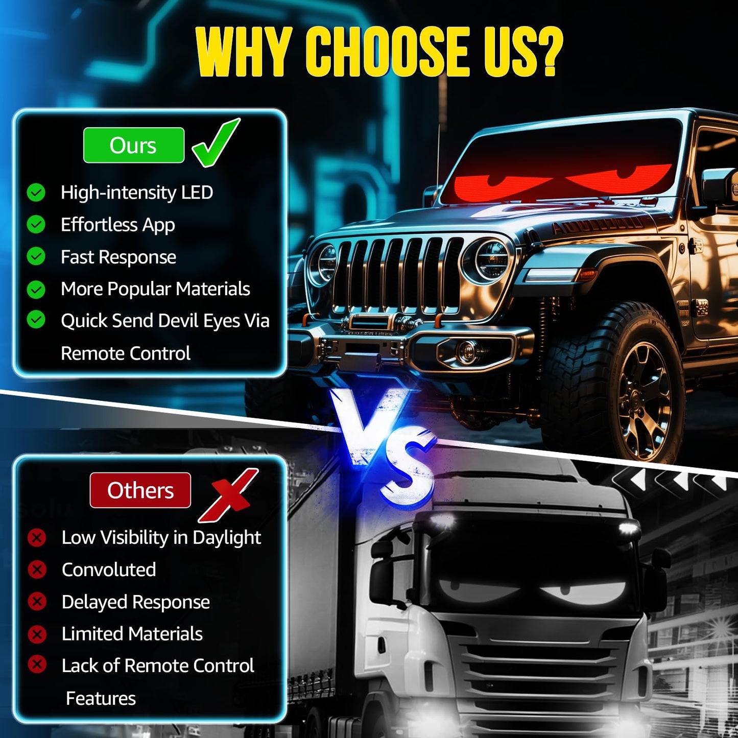 Devil Eyes Light 2PC for Windshield-23.42x4.72IN HCYHNB Programmable LED Eyes [Advanced Chip, 100% Synced Dual Screen] 5V USB Powered, App/Remote Control, Windshield Eyes Animated for Cars/Trucks/SUVs