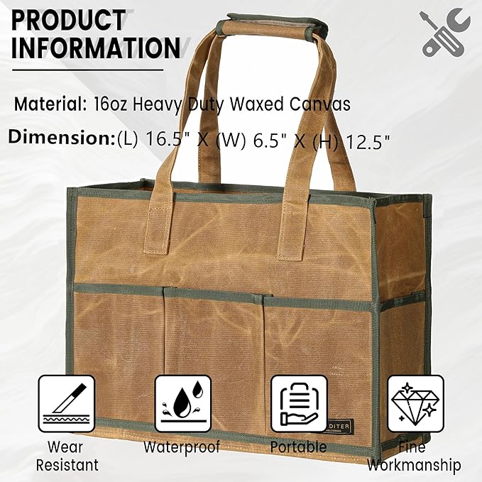 Heavy-Duty 16oz Waxed Canvas Tool Tote Bag - Water-Resistant Wide Mouth Organizer with Reinforced Handle | Large Capacity Tool Storage for Wrenches (16.5" x 12.5" x 6.5", Khaki)