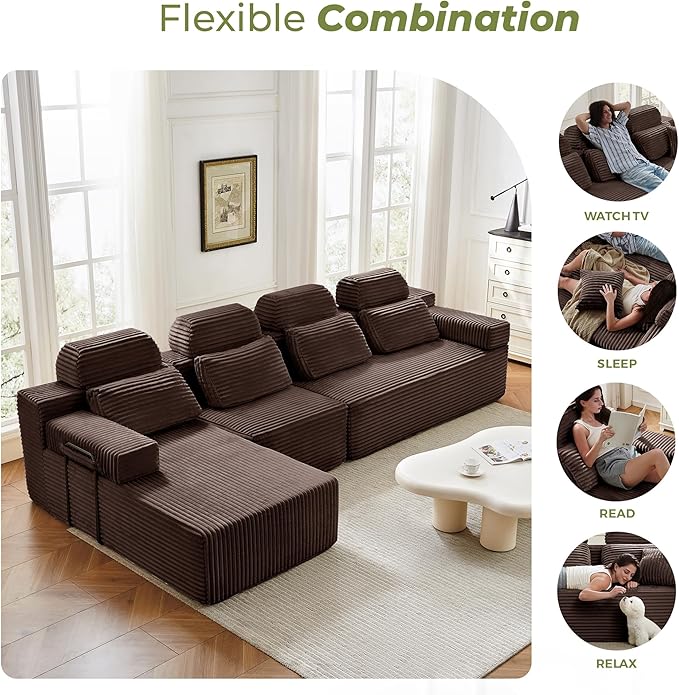 136" L-Shaped Cloud Modular Sectional Sofa with Chaise & Headrest, Boneless Deep Seat Plush Corduroy Couches for Large Living Room, No Assembly Required (Brown, 136" L-shapred Chaise)
