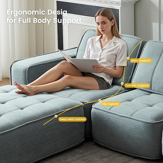 108" Boneless sectional Couch for Living Room,Convertible L-Shape Fleece Couches with Ottoman, Cloud Modular Sofa with Deep Seat for Bedroom, No Assembly, Grey