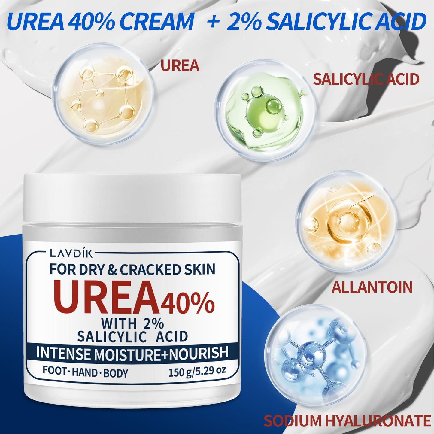LAVDIK 40% Urea Cream with 2% Salicylic Acid, Maximum Strength Moisturizer for Dry, Cracked Skin on Feet, Hands, Heels, Elbows,