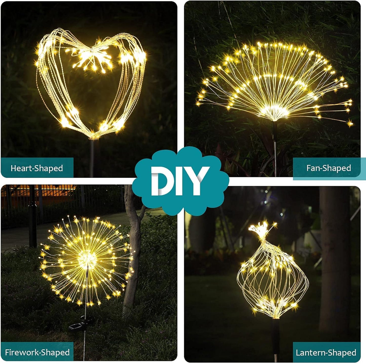 JJGoo Solar Firework Lights, 4 Pack 120 LEDs 2 Lighting Modes Solar Garden Lights Outdoor Waterproof for Yard Patio Walkway Pathway Party Wedding Christmas Decorative - Warm White