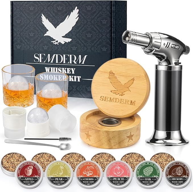 Ultimate Whisky Smoker Kit Old Fashioned Smoker Kit with Torch - 6 Flavor Wood Chips, 2 Glasses, 2 Ice Ball Molds - Cockta...
