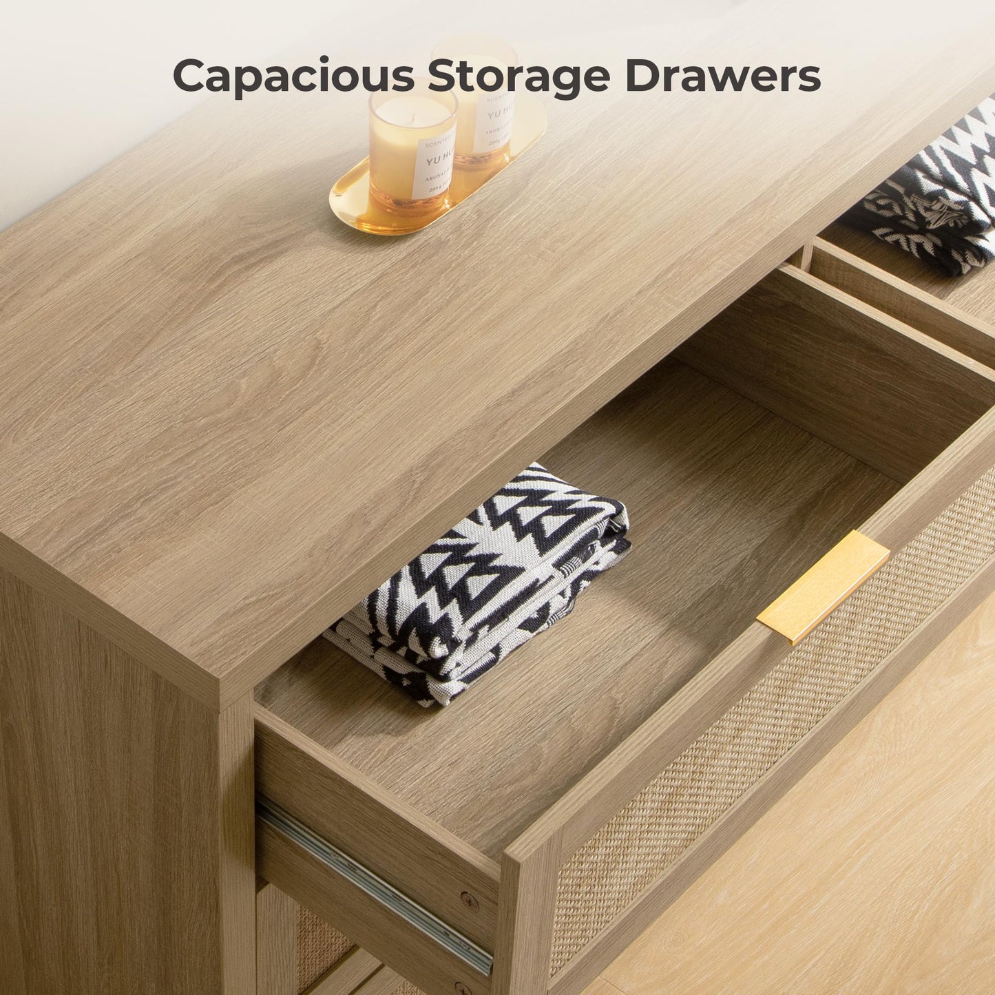 SICOTAS Rattan Dresser for Bedroom, 56.9" Wide 6 Drawer Dresser with Ample Storage, Dressers Large Chest of Drawers, Closet, Boho TV Stand for Bedroom (Reclaimed Light Oak, 1 Piece)