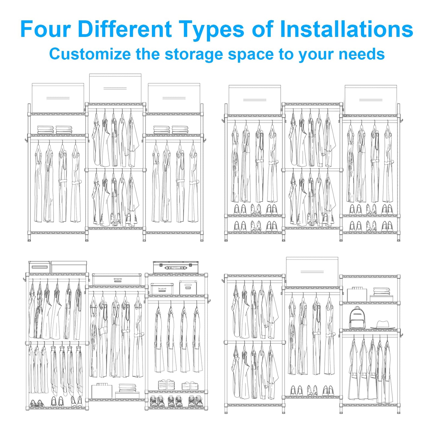 Ulif E13C Heavy Duty Closet Organizer System，Freestanding Clothing Racks for Hanging Clothes，Adjustable Garment Rack 63" W x 16" D x 77" H Hold 960 lbs，Black Clothing Rack with Black Dustproof Cover