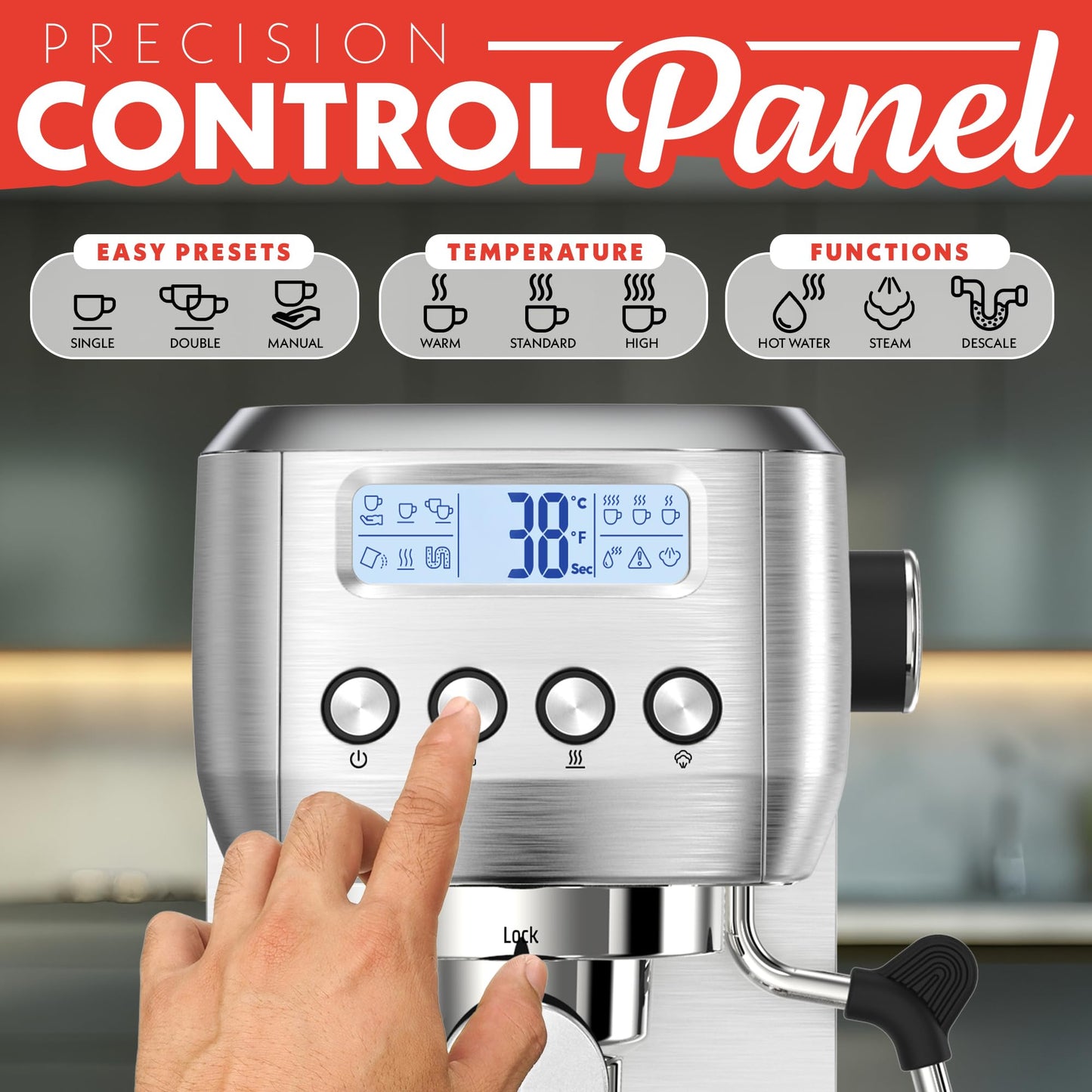 Gourmia Slim Espresso Machine – 20-Bar Pump, LCD Display, Milk Frother, Adjustable Temperature, Manual & Auto Brew for Single/Double Shots, 1350W, Stainless Steel