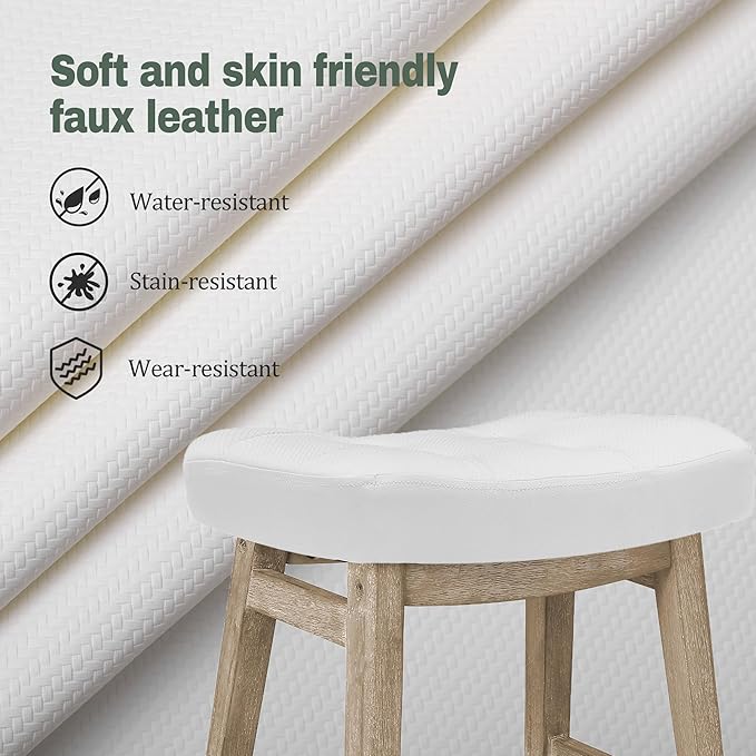 RNKSFX Counter Height White Bar Stools Set of 6 for Kitchen Counter Farmhouse Modern Barstools with Faux Leather Upholstered Backless Seat and Solid Wood Legs 24 inch Bar Chairs, White + Wood Color