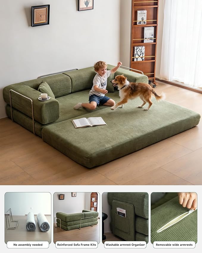 No Assembly Convertible Sofa Bed & 79" Boneless Couch with Pocket , 5-in-1 Futon Sofa Bed with 2 Pillows Modular Pull Out Couch Bed with Frame,Compression in Box for Living Room Small Spaces Green