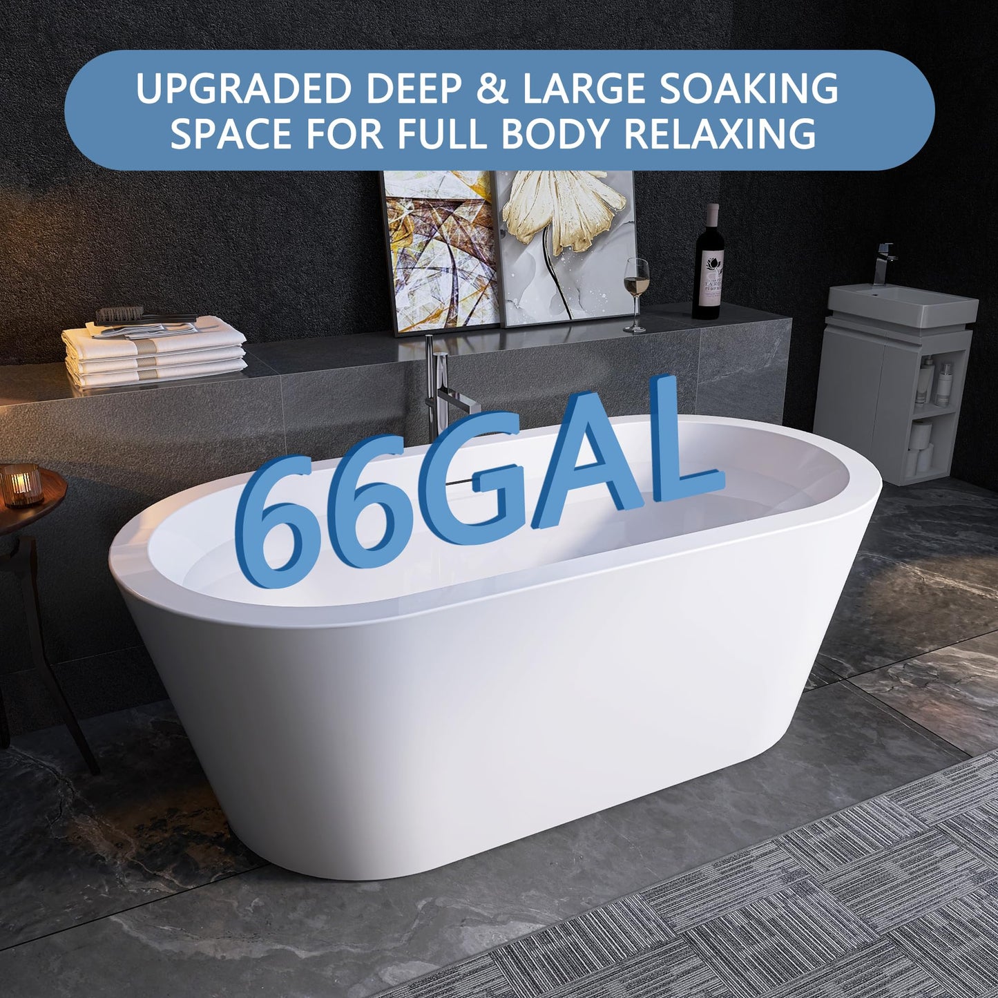 64" Free Standing Tub, Pure Acrylic Freestanding Bathtub, Stylish Stand Alone Contemporary Deep Soaking Bath Tub, cUPC Certified SY1265 (Glossy White)