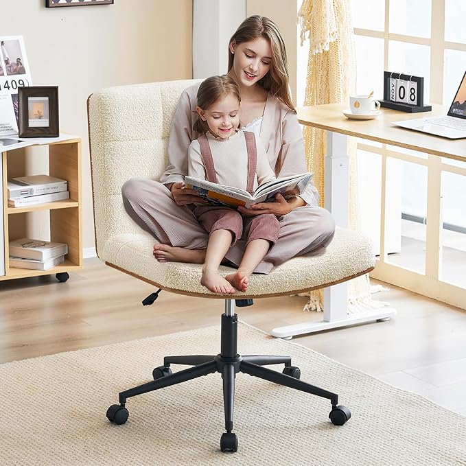 Furnimart FSC Wooden Wide Desk Chair, 360° Swivel Criss Cross Office Chair with Wheels, Comfy Cross Legged Sitting, Armless Rolling Chair for Bedroom, Office, Vanity (Faux Fur White)