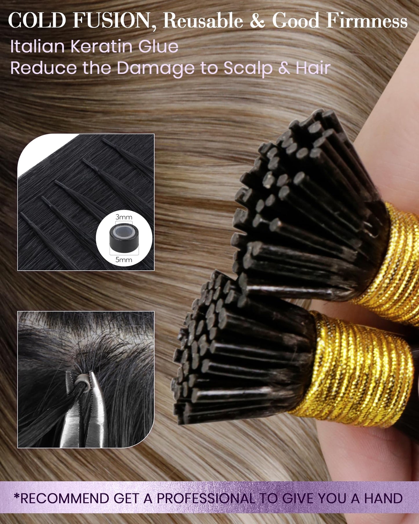 LaaVoo Itip Human Hair Extensions Ombre I Tip Hair Extensions Human Hair Balayage Brown to Medium Brown with Blonde Remy Hair It
