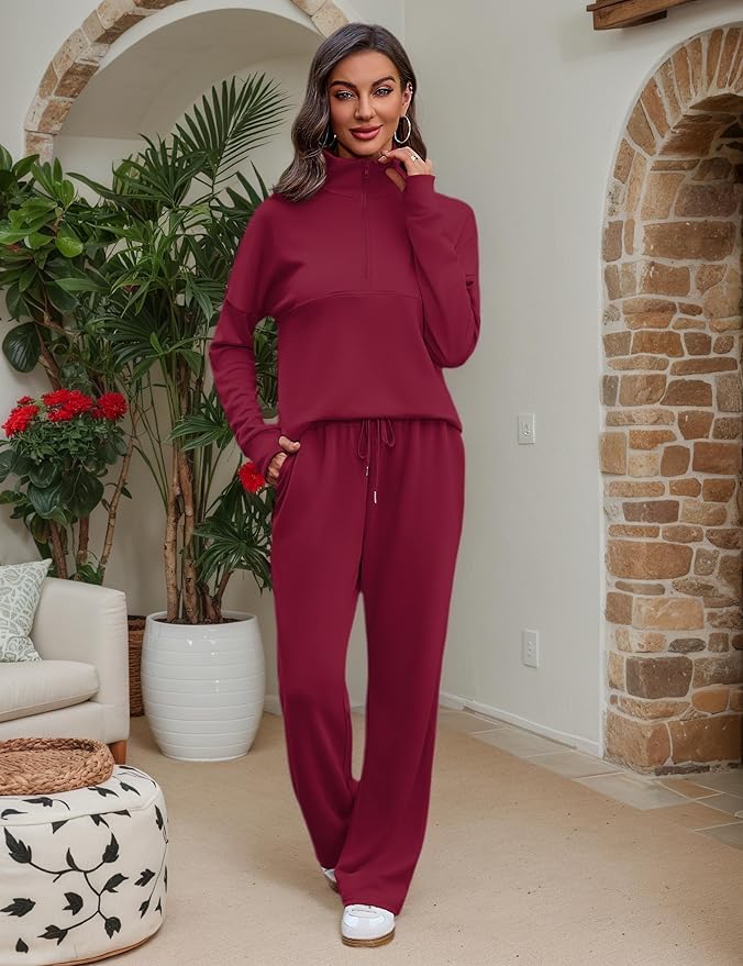 Totatuit Womens Sweatsuits 2 piece Set Lapel Half Zip Lightweight Sweatshirts and Wide Leg Pants Tracksuit Lounge Sets