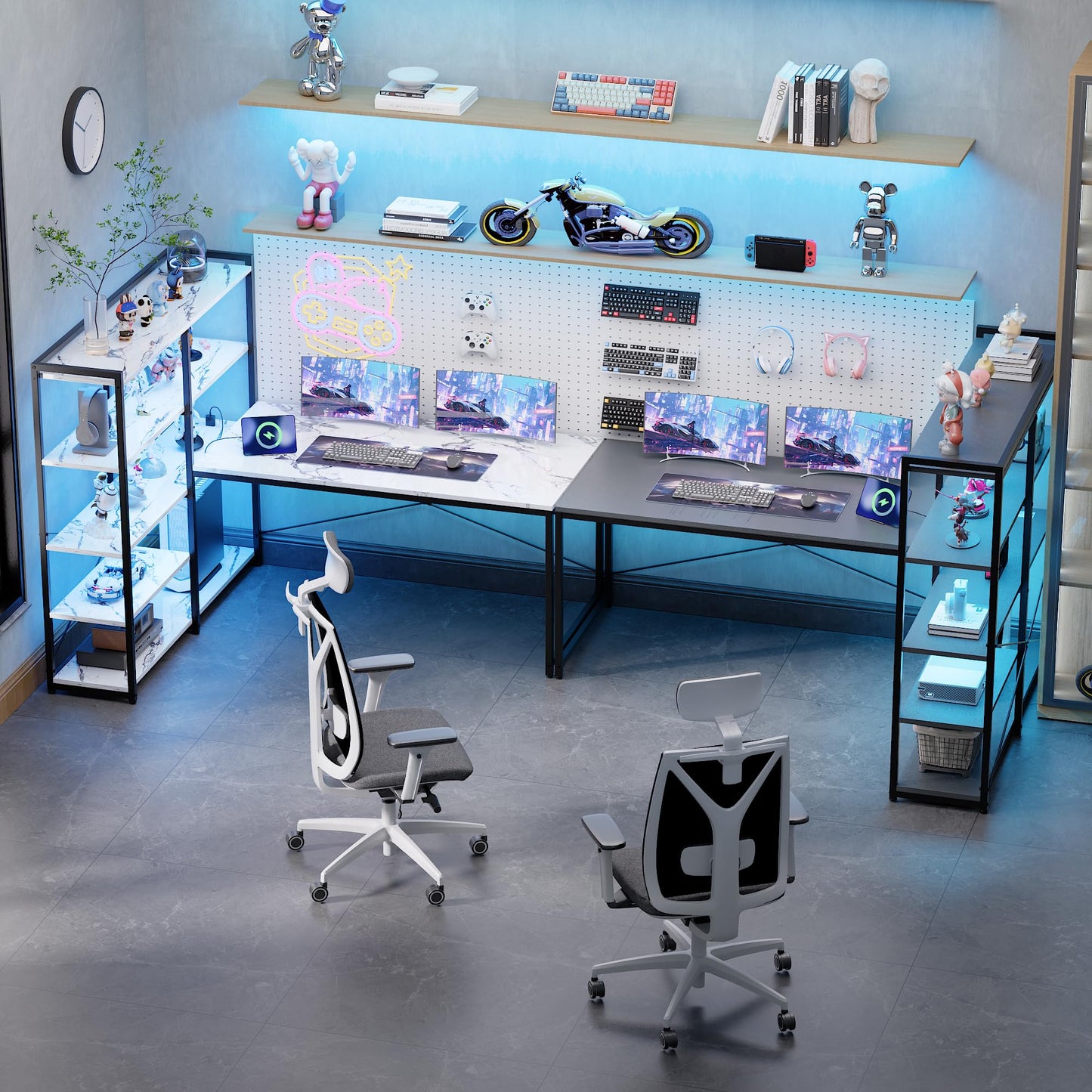 Pamray L Shaped Computer Desk with Reversible Side Storage Shelves, 49 Inch Gaming Desk with Power Outlets and Led Lights, PC Table for Home Office and Bedroom Grey