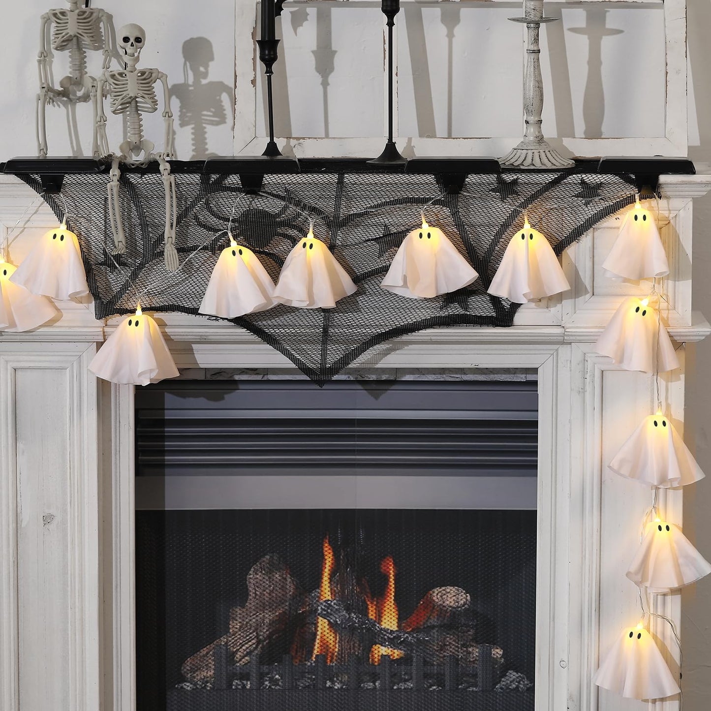 Halloween Decoration-Light Up Ghost Garland-Handmade LED Ghost String Lights Banner for Home Party Fireplace Mantle Windows Decor