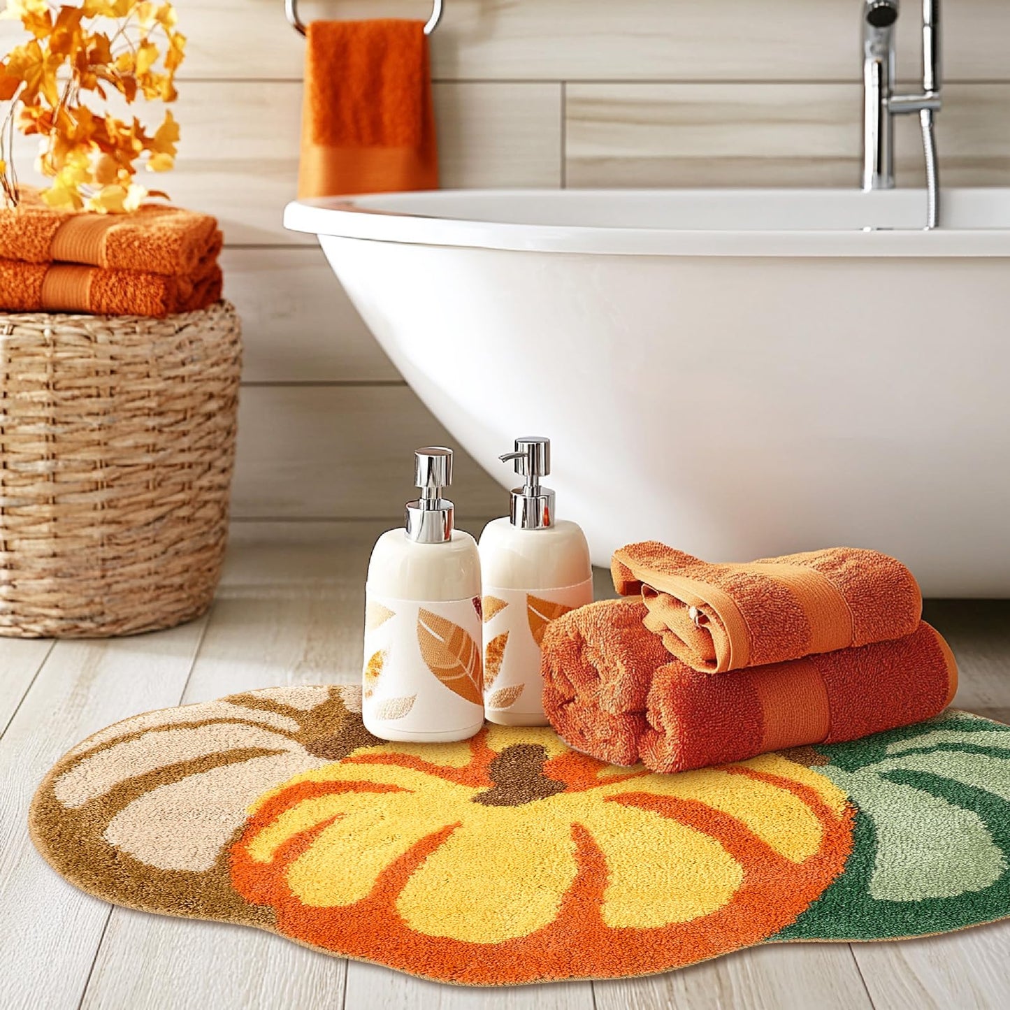 JarThenaAMCS Fall Bathroom Rug Pumpkin Tufted Bath Mat Absorbent Non Slip Shower Rug Front Door Mat for Autumn Harvest Thanksgiving Home Room, 19.7 x 35.4 Inch