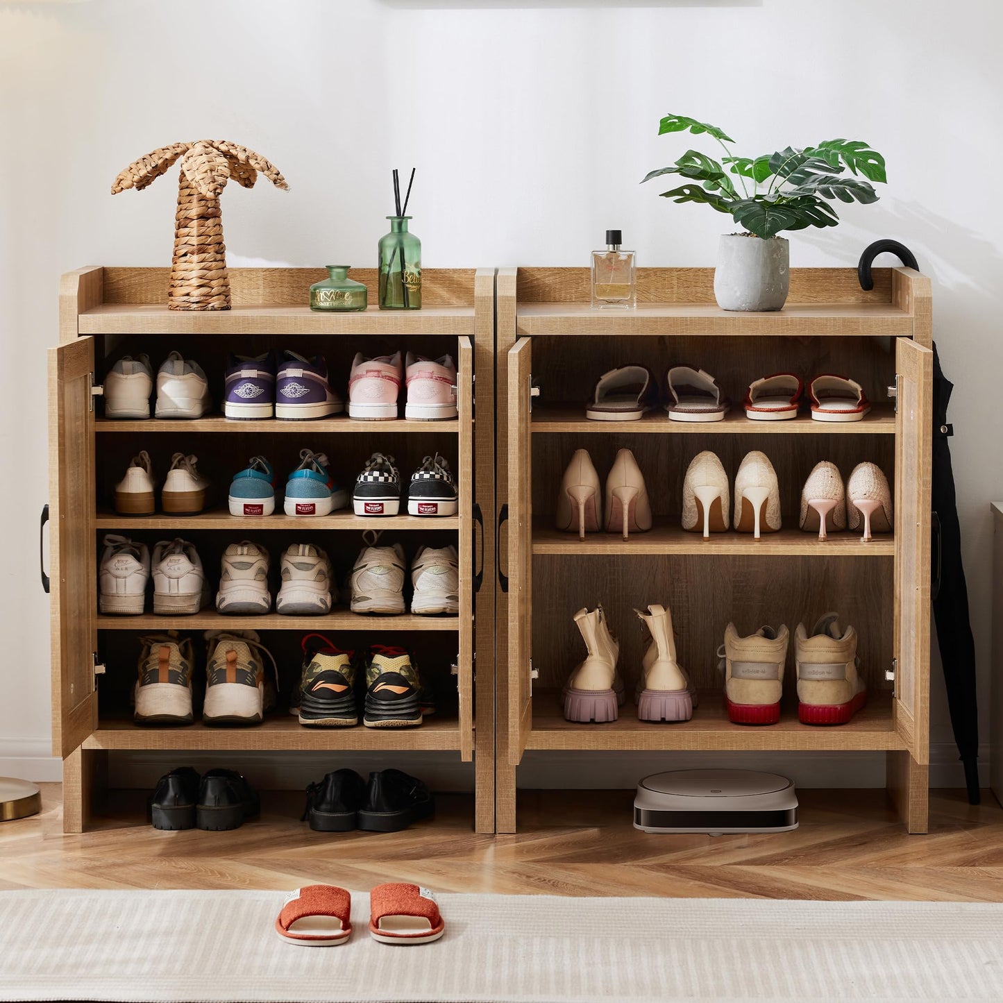 Mericonia Shoe Cabinet Storage for Entryway, Natural Rattan Shoe Storage Cabinet, Wooden Shoe Rack Cabinet, Farmhouse Boho Wood Shoe Organizer Cabinet for Hallway