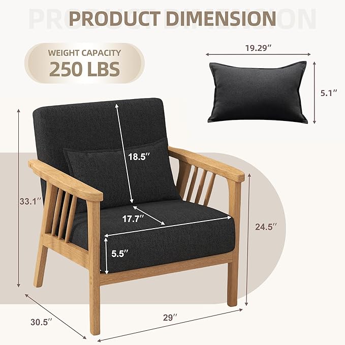 SEYNAR Mid-Century Accent Chair, Linen Fabric Armchair and Lounge Chair with Lumbar Pillow, Wide Seat & Solid Wood Frame for Living Room, Bedroom or Balcony(Dark Gray)