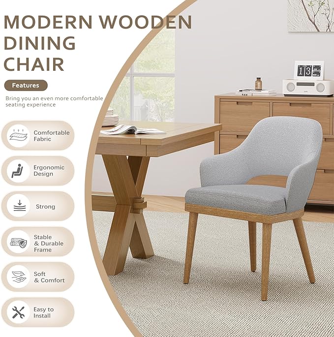 MALOL Wooden Dining Chairs Set of 6, Modern Fabric Upholstered Dining Room Chair, Kitchen Side Chairs, Farmhouse Dinner Chair with Open Back for Kitchen, Lightgrey