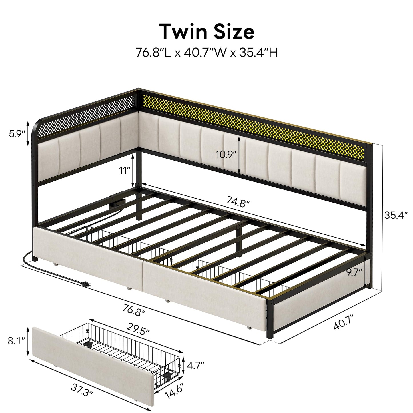 LIKIMIO Twin Corner Bed Frame with Storage Drawers and Charging Station, Modern Twin Daybed with LED Lights and Upholstered Guardrail, Beige