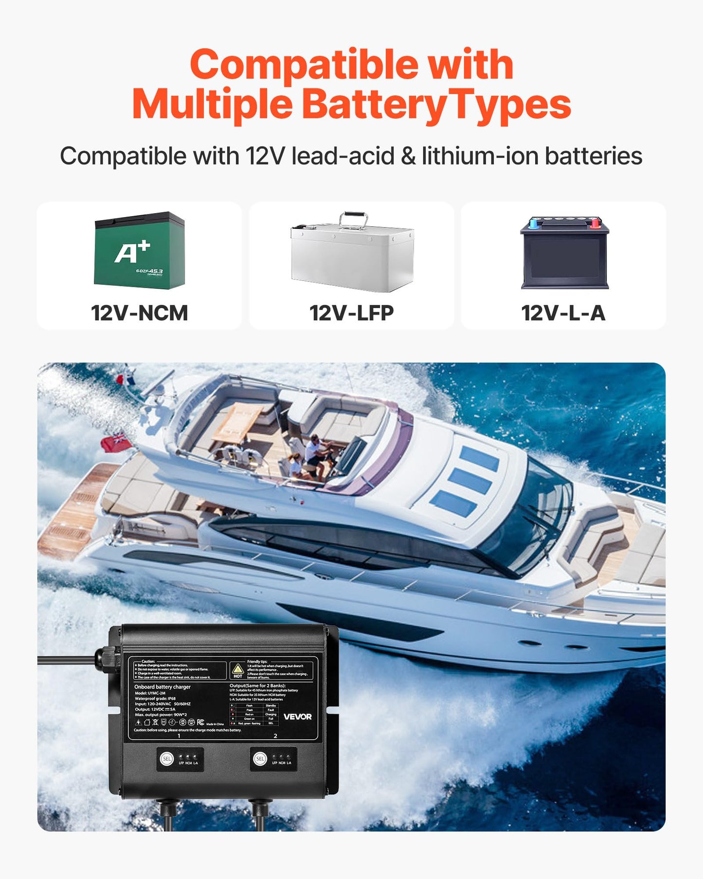 Vevor 2 Bank Marine Battery Charger, 5A    2, 12V Onboard Charger, Ip68 Waterproof Smart Boat Battery Charger, For Lithium-Ion L